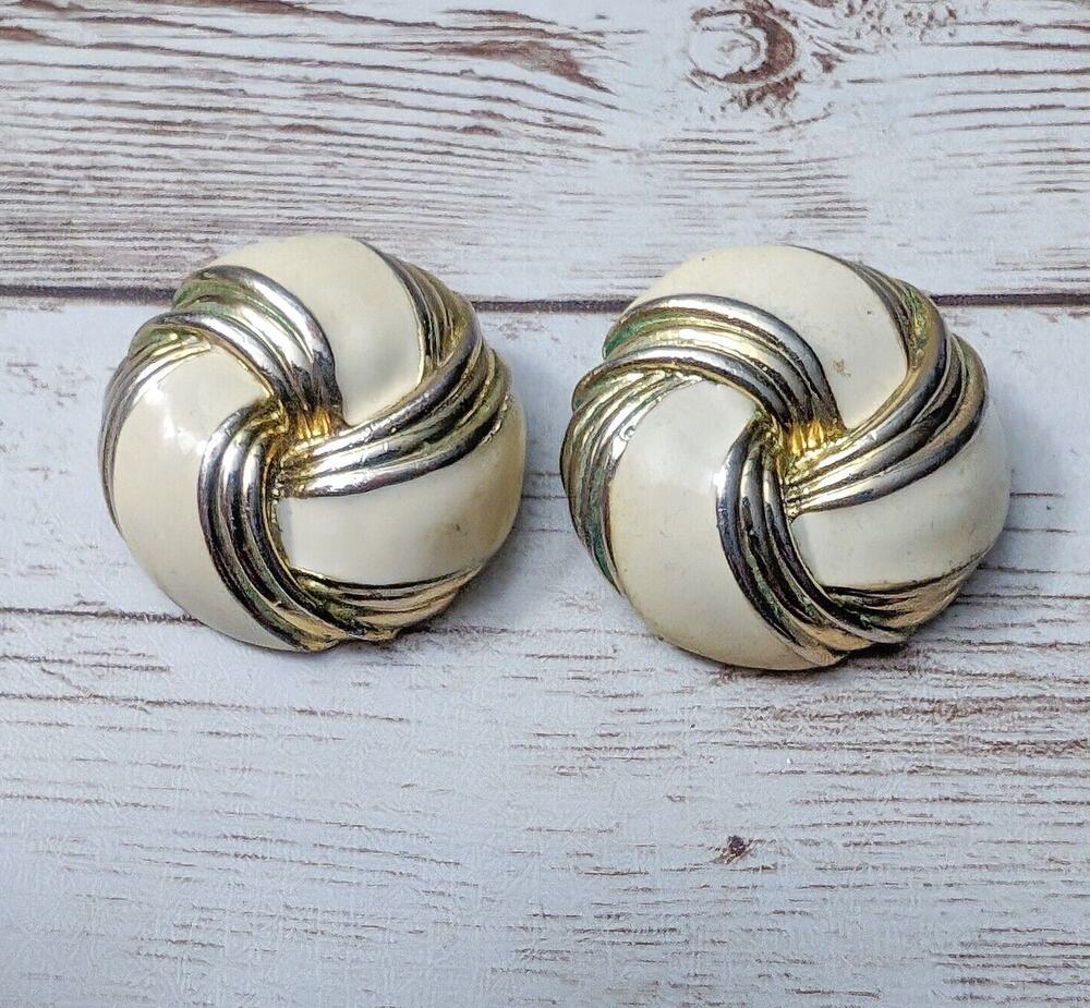 Vintage Clip On Earrings Just Over 1 & 1/8" Cream & Gold Tone Circle - Tarnished